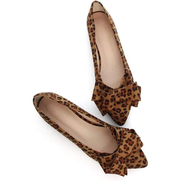 Women's Leopard Bowknot Ballet Flats Pointy Toe Casual Flat Shoes Suede - Picture 3 of 8